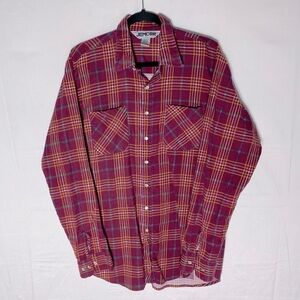 Vintage Gemcor Burgundy Yellow Plaid Flannel Long Sleeve Pearl Snap Casual Shirt